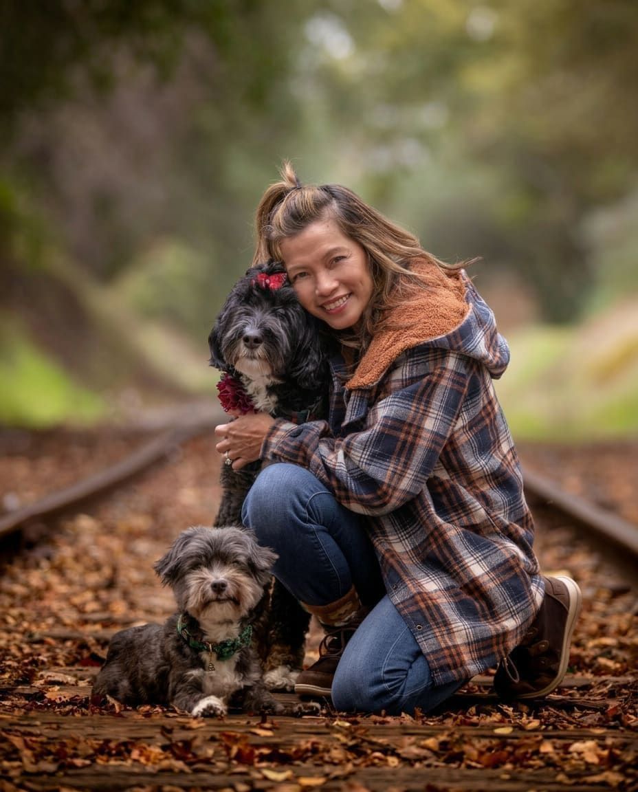 Emily, owner of Whitney Ranch Dog Retreat, with her dogs at home in Rocklin, CA