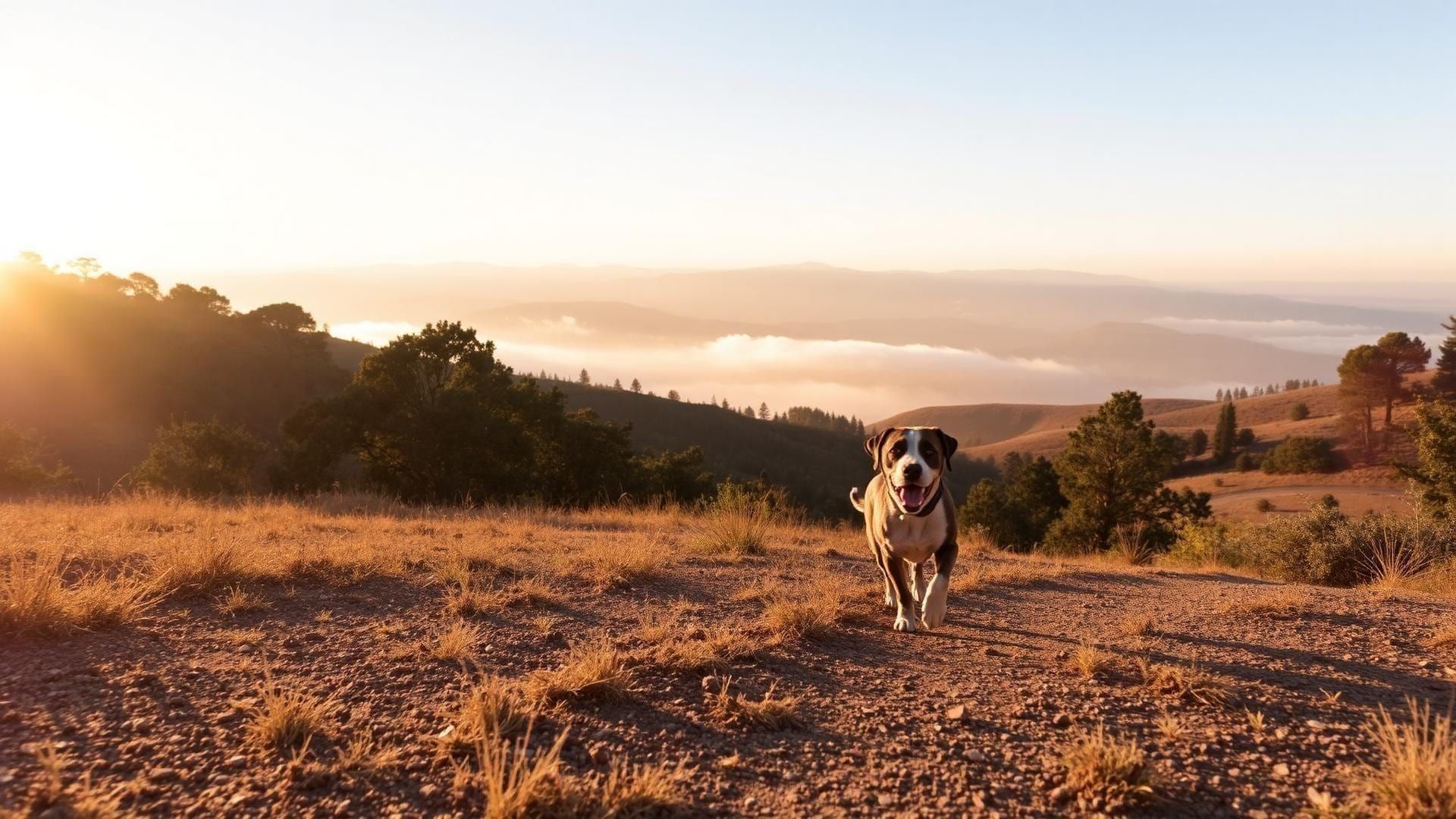 Dog on a Sierra-foothills trail near Rocklin, CA at golden hour